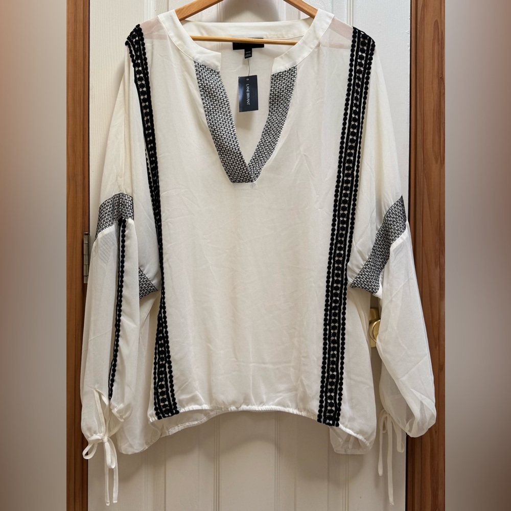 NWT Lane Bryant Ivory and Black Sheer Embroidered Boho Peasant Blouse